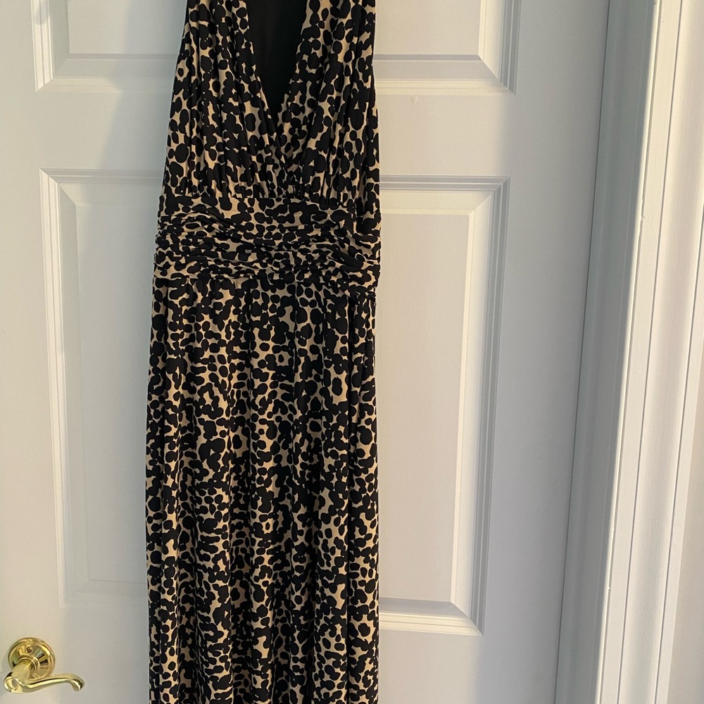 Evan Picone Black and Tan Pleated Halter Maxi Dress